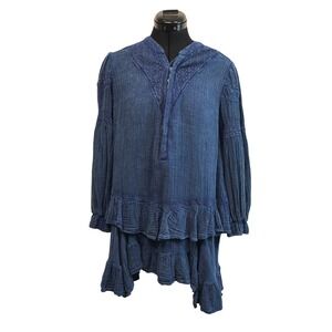 Free People Indigo Blue Cotton Lace Tiered Ruffle Tunic Dress XS New With Flaw